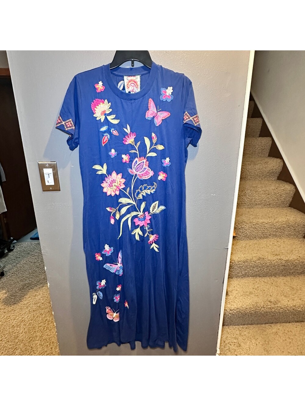 Johnny Was Blue Embroidered Floral Butterfly Midi Dress Medium